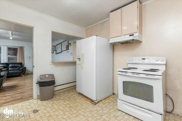 kitchen featuring white cabinetry, white appliances, and baseboard heating