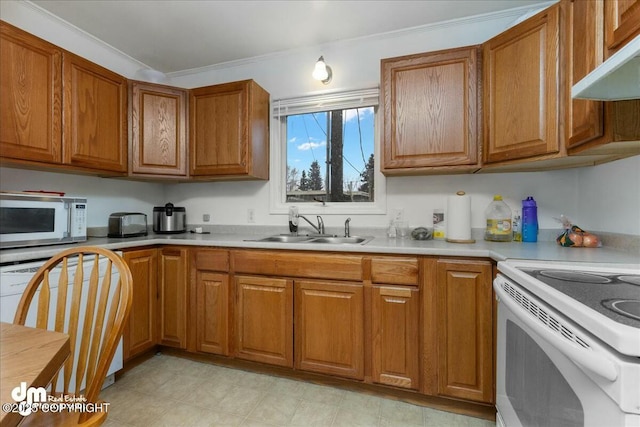 kitchen with crown molding, sink, and white appliances