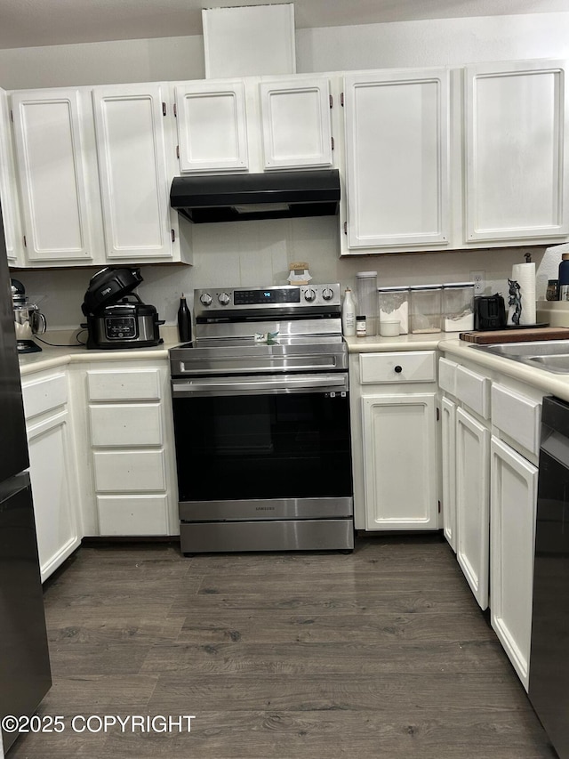 kitchen featuring white cabinetry, black dishwasher, dark wood-type flooring, and stainless steel electric stove