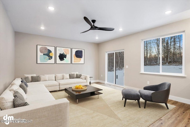 living room with ceiling fan and light hardwood / wood-style flooring