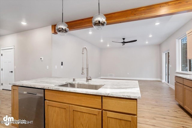 kitchen with sink, hanging light fixtures, stainless steel dishwasher, light stone countertops, and beam ceiling