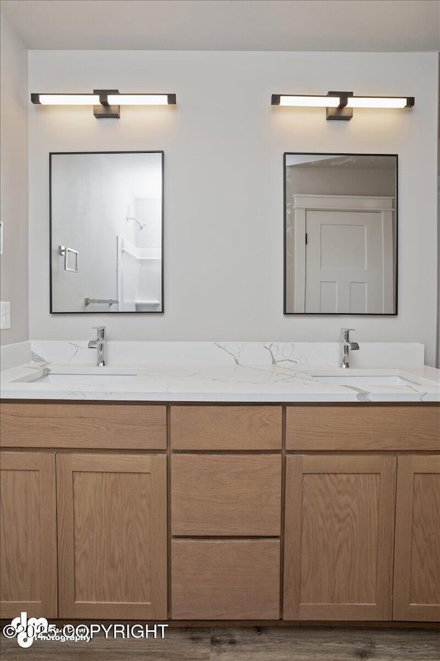 bathroom with vanity and hardwood / wood-style floors