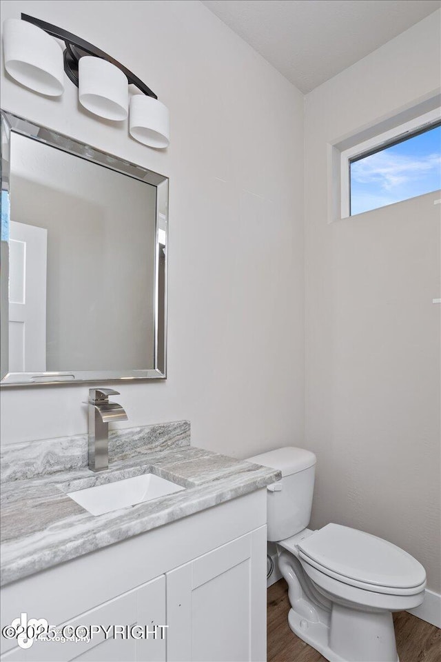 bathroom featuring vanity, hardwood / wood-style floors, and toilet