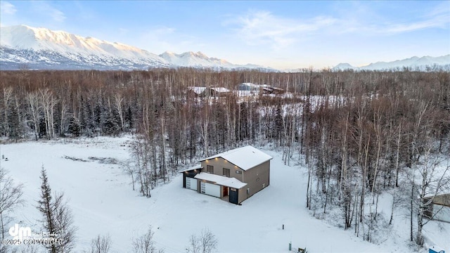 snowy aerial view featuring a mountain view