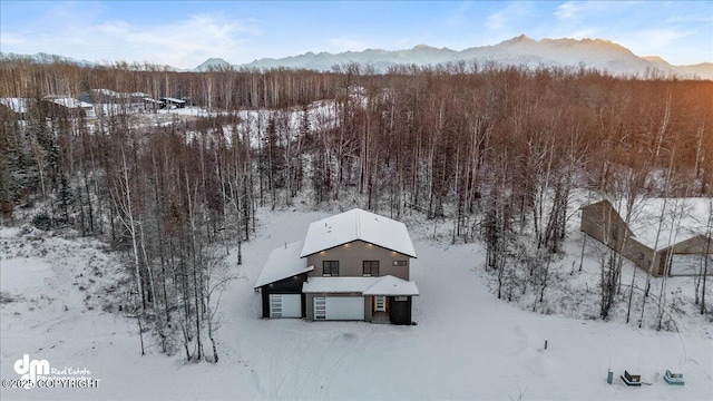 snowy aerial view featuring a mountain view