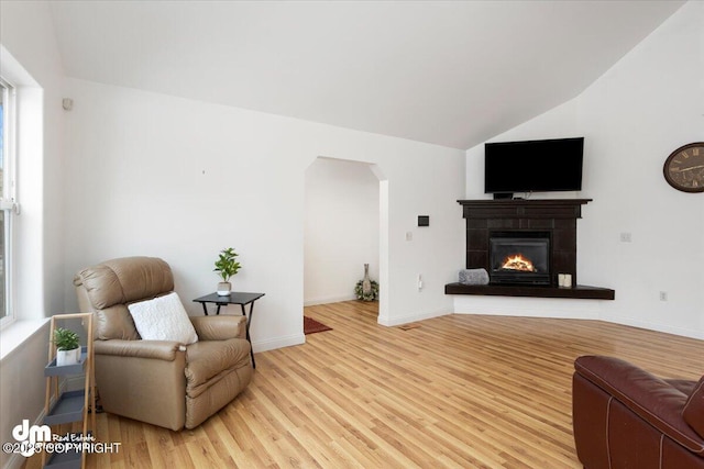 living room with a fireplace, hardwood / wood-style flooring, and vaulted ceiling