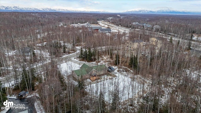 snowy aerial view with a mountain view