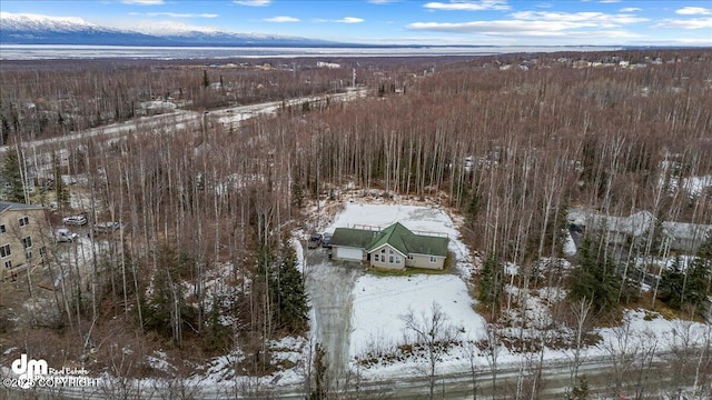 snowy aerial view with a mountain view