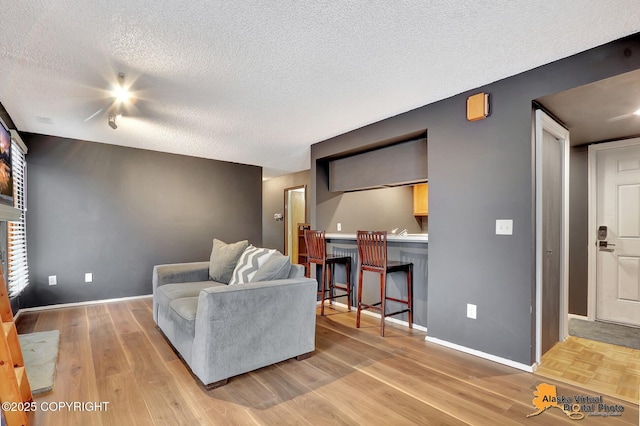 living room with a textured ceiling and light hardwood / wood-style flooring