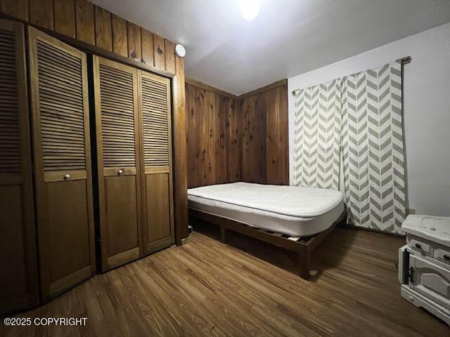 bedroom featuring wood-type flooring and a closet