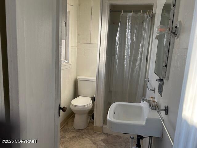 bathroom with sink, curtained shower, and toilet