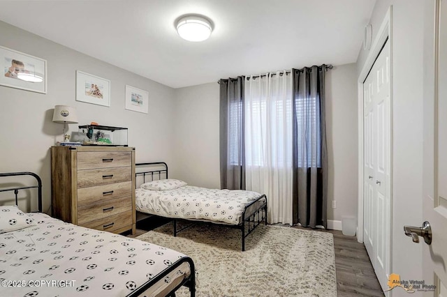 bedroom with a closet and hardwood / wood-style flooring