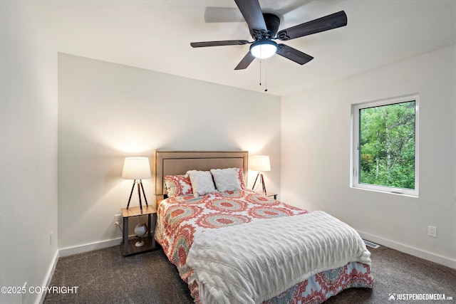 carpeted bedroom with ceiling fan