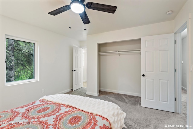 bedroom featuring ceiling fan, a closet, and carpet