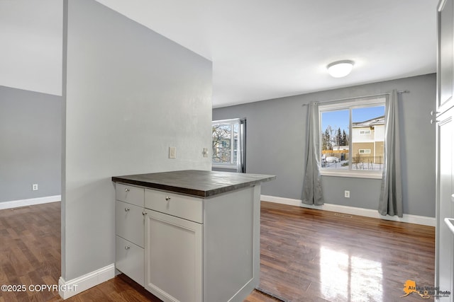 kitchen featuring dark wood-type flooring, kitchen peninsula, and white cabinets