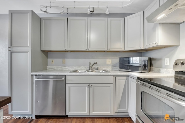 kitchen featuring white cabinetry, sink, exhaust hood, stainless steel appliances, and dark wood-type flooring