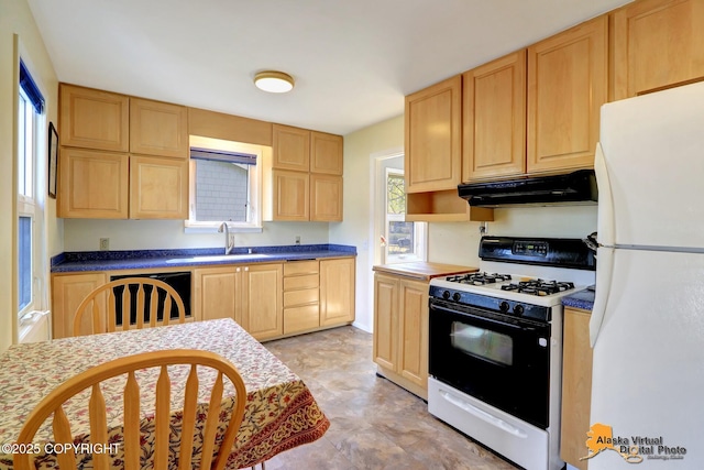 kitchen featuring freestanding refrigerator, gas range, under cabinet range hood, and light brown cabinets