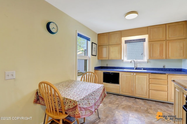 kitchen with light brown cabinets, a sink, dishwashing machine, and dark countertops