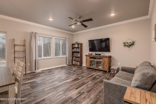 living room featuring ceiling fan, ornamental molding, dark hardwood / wood-style flooring, and a textured ceiling