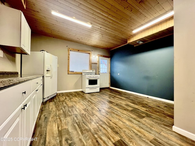 kitchen featuring white cabinets, white appliances, hardwood / wood-style floors, and wooden ceiling