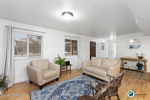 living room with hardwood / wood-style floors and a textured ceiling