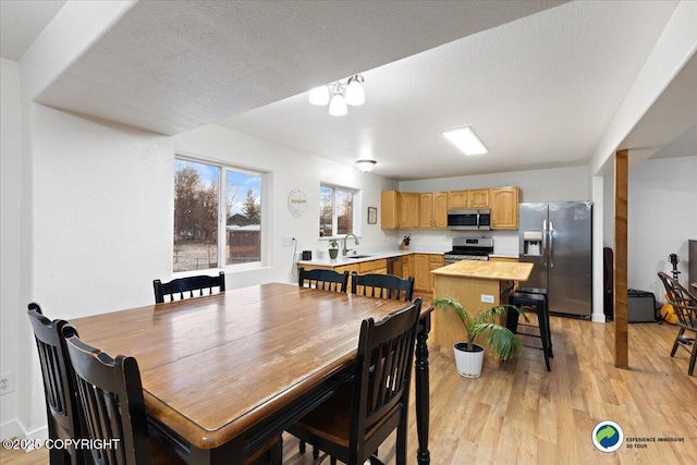 dining area with sink, a textured ceiling, and light hardwood / wood-style floors