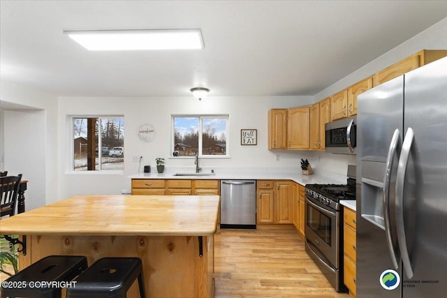 kitchen with butcher block countertops, sink, a breakfast bar, stainless steel appliances, and light wood-type flooring