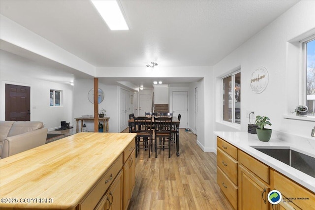 kitchen with plenty of natural light, sink, wood counters, and light hardwood / wood-style floors