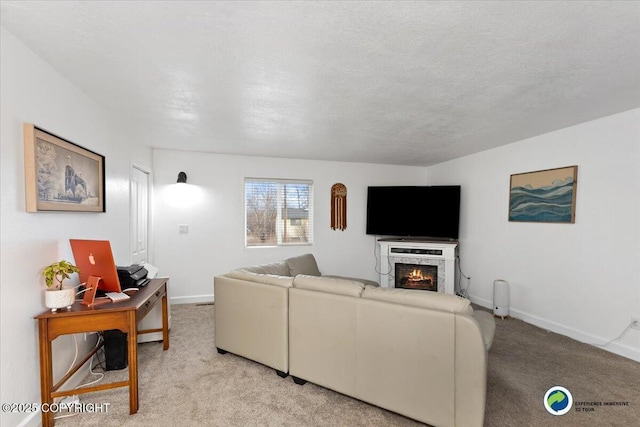 carpeted living room with a textured ceiling