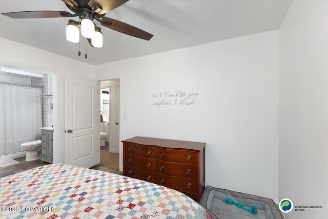 bedroom with connected bathroom and ceiling fan