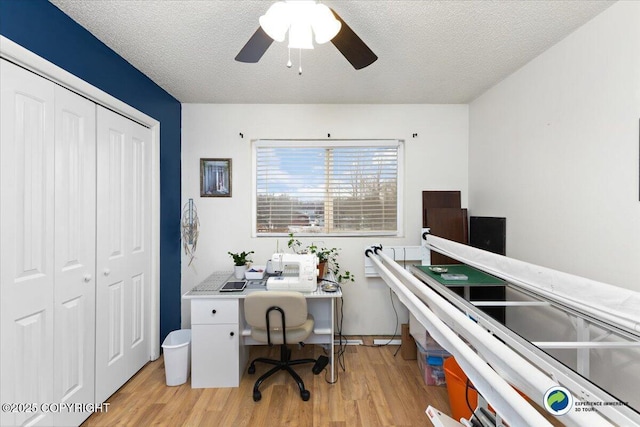 office space with ceiling fan, light hardwood / wood-style flooring, and a textured ceiling