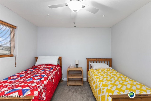 bedroom with ceiling fan and carpet