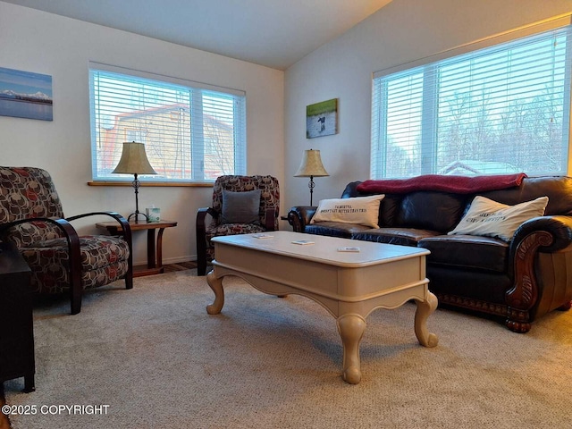 carpeted living room with vaulted ceiling and a wealth of natural light