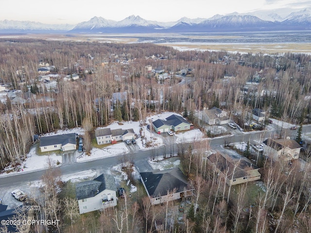 snowy aerial view with a mountain view