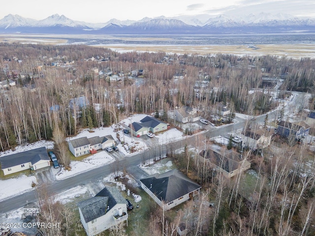 snowy aerial view with a mountain view