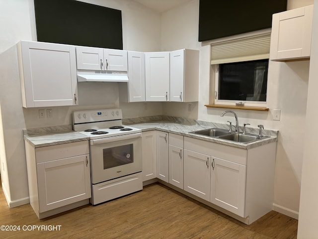 kitchen featuring sink, light hardwood / wood-style flooring, white cabinets, and white range with electric cooktop