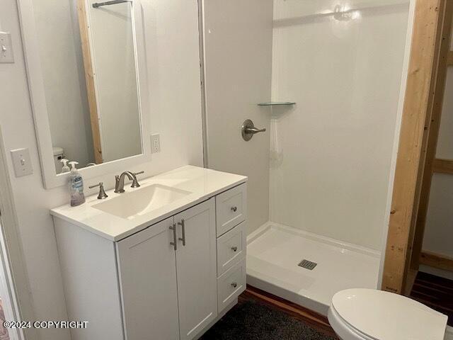 bathroom with vanity, toilet, and walk in shower