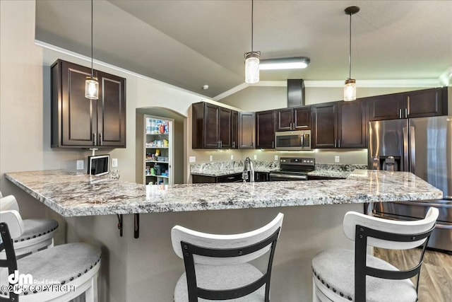 kitchen featuring dark brown cabinetry, decorative light fixtures, vaulted ceiling, and stainless steel appliances