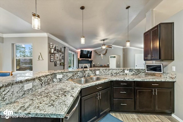 kitchen featuring sink, vaulted ceiling, stainless steel dishwasher, pendant lighting, and ceiling fan