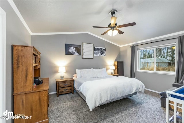 bedroom with crown molding, ceiling fan, vaulted ceiling, and carpet