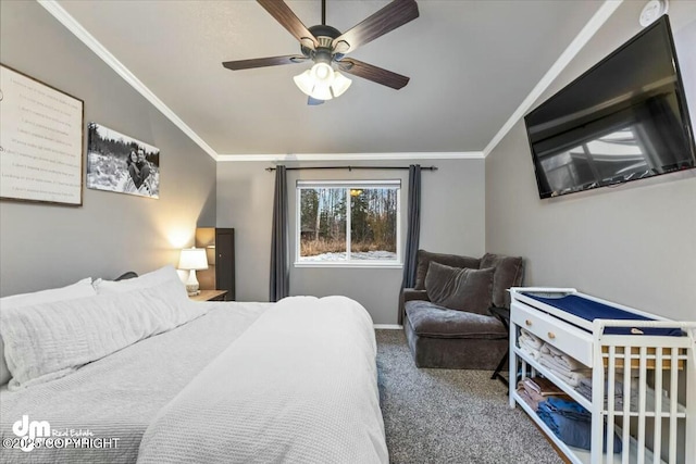 bedroom featuring crown molding, ceiling fan, vaulted ceiling, and carpet