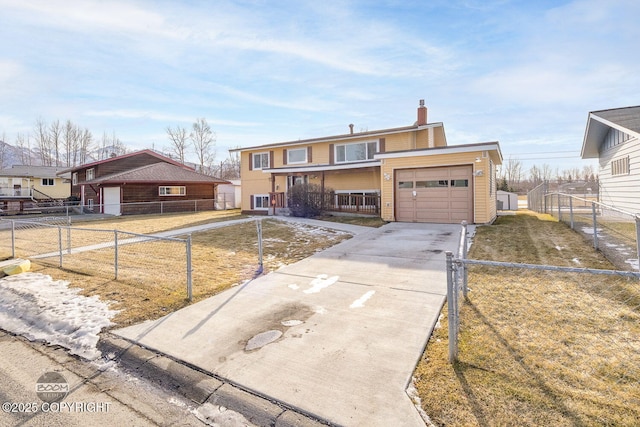 view of front of home with a porch, fence, concrete driveway, a garage, and a chimney