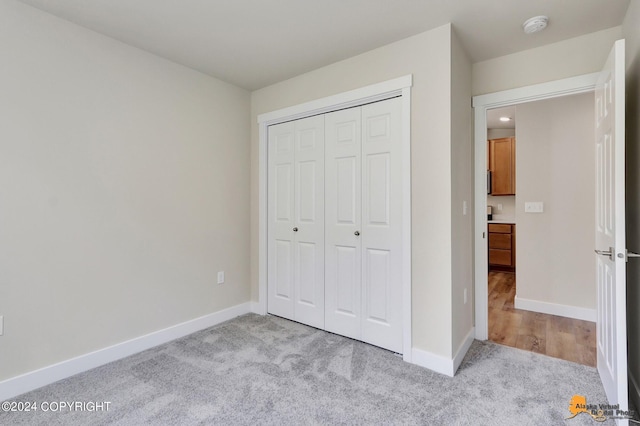 unfurnished bedroom with light colored carpet and a closet