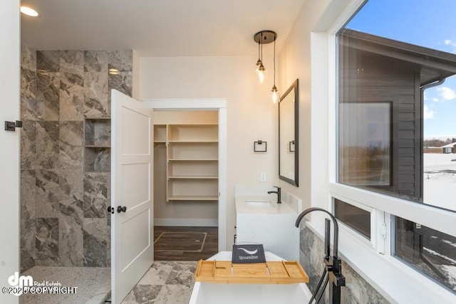 bathroom featuring walk in shower and sink