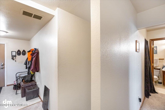 hall featuring light carpet and a textured ceiling