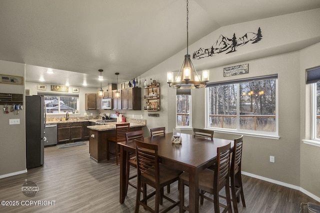 dining room with lofted ceiling, dark hardwood / wood-style flooring, and sink