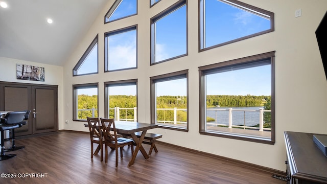 dining area featuring high vaulted ceiling and dark hardwood / wood-style floors