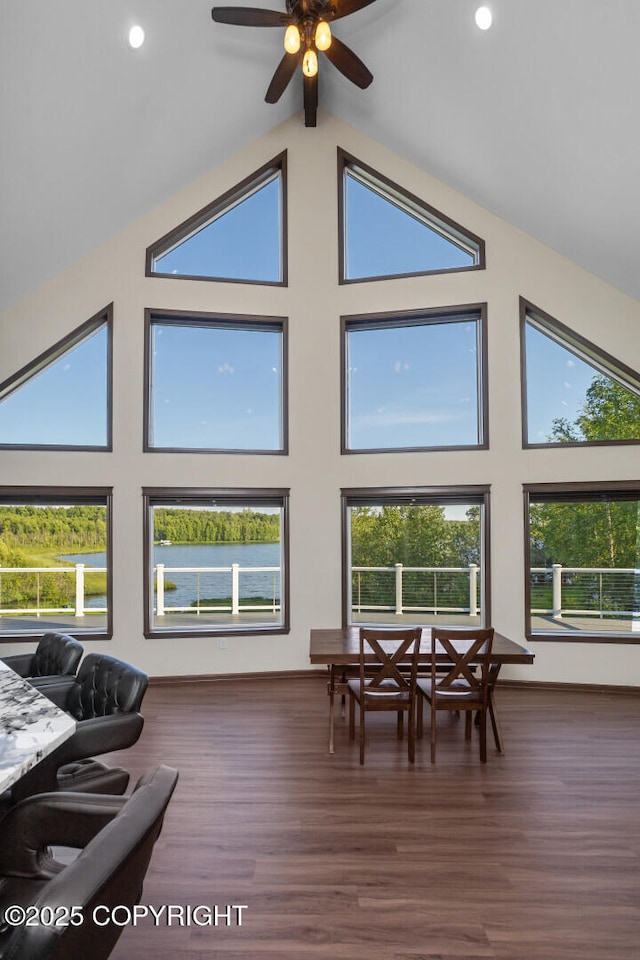 dining space featuring dark hardwood / wood-style floors and high vaulted ceiling