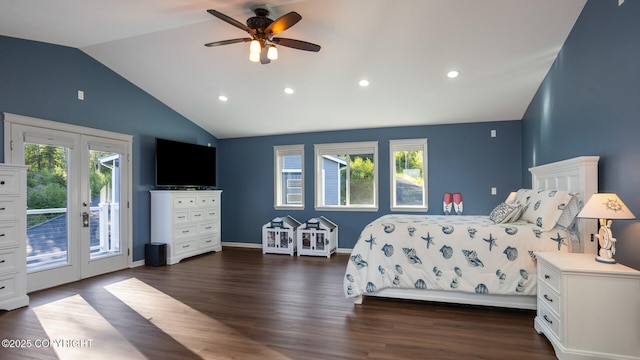 bedroom with ceiling fan, multiple windows, access to exterior, dark hardwood / wood-style flooring, and vaulted ceiling