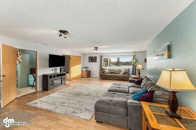 living room featuring hardwood / wood-style flooring and a textured ceiling